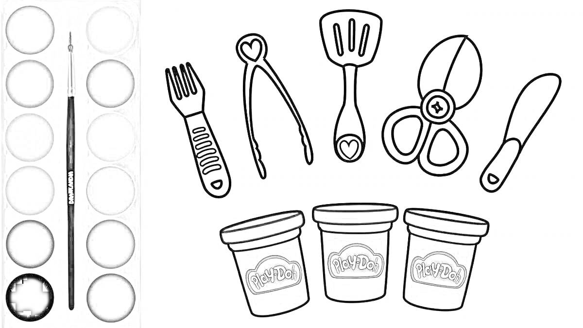 Раскраска Плей До с инструментами: вилка, щипцы, лопатка, ножницы, нож, баночки