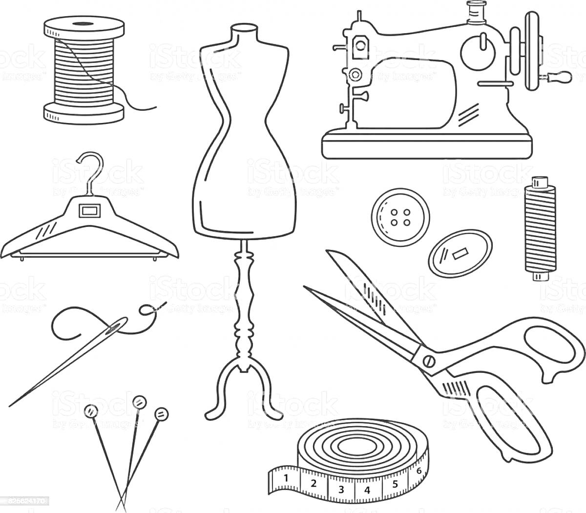 Швейные принадлежности - катушка ниток, швейная машинка, манекен, пуговица, вешалка, наперсток, игла с ниткой, булавки, сантиметровая лента, ножницы