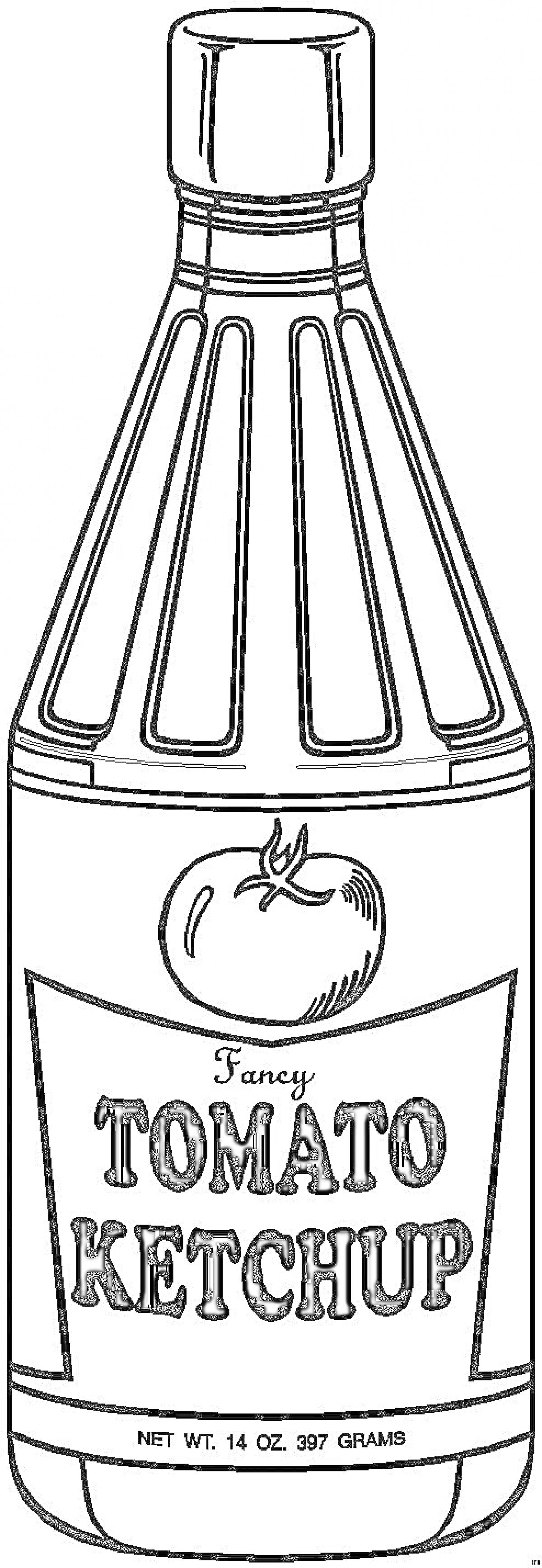На раскраске изображено: Кетчуп, Бутылка, Помидор, Этикетка, Надпись, Вес, Соус