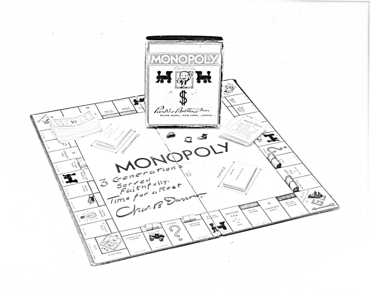 На раскраске изображено: Настольная игра, Монополия, Игровое поле, Деньги, Карточки