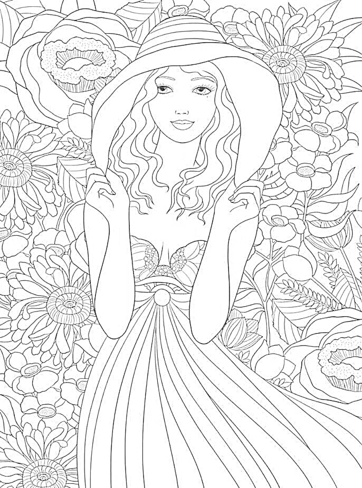 Раскраска Девушка в платье и шляпе на фоне цветочного узора