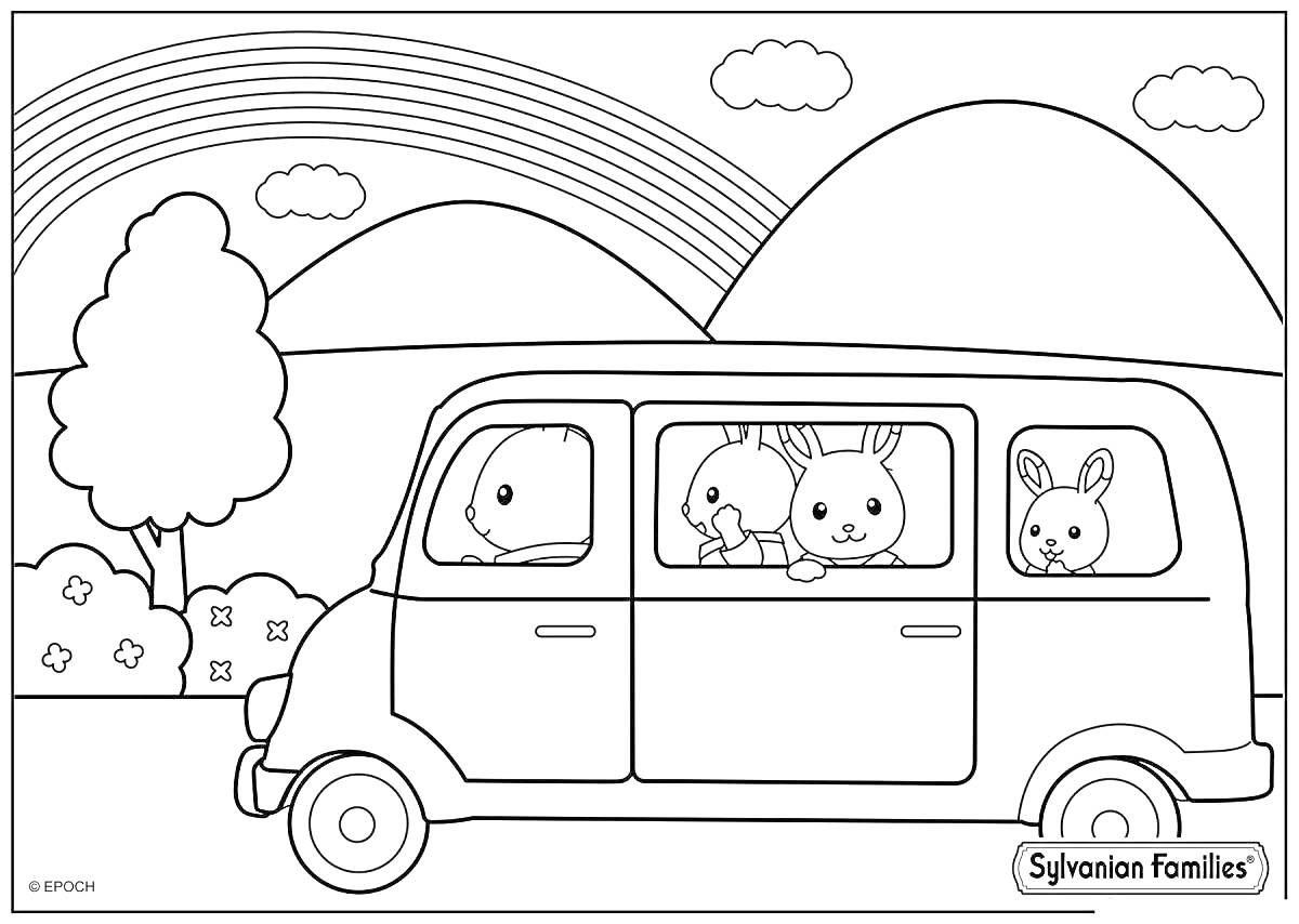Раскраска Машина с животными пассажирами на фоне природы