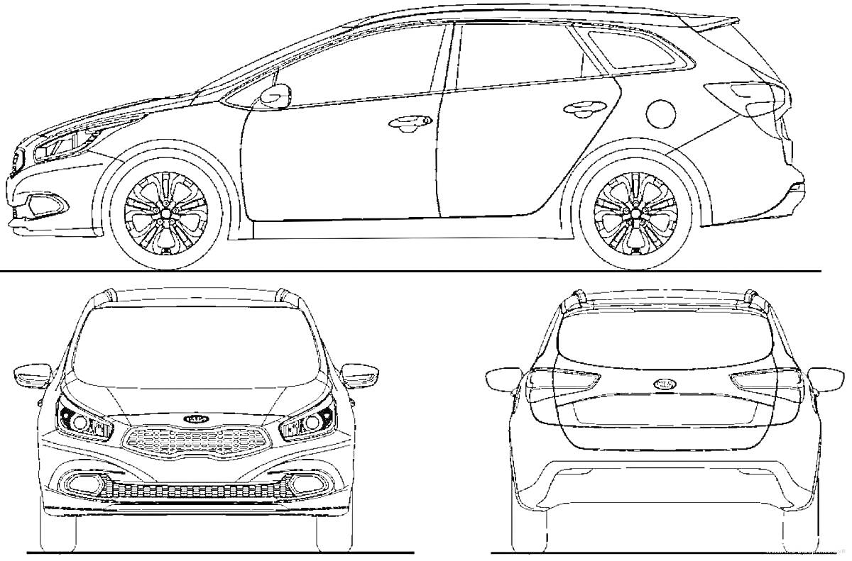 Раскраска Раскраска автомобиля Kia Seltos в трех проекциях: сбоку, спереди и сзади