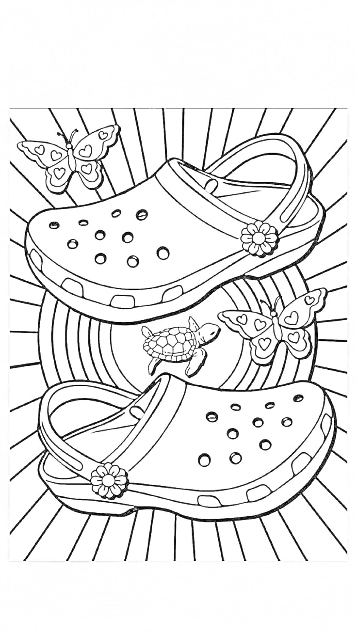 Раскраска Пара обуви Crocs с бабочками и черепашкой на фоне волнообразных лучей