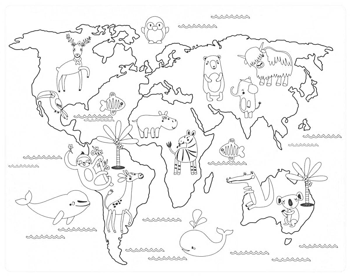 На раскраске изображено: Карта мира, Животные, Растения, Медведь, Рыба, Верблюд, Белый медведь, Сова, Бизон, Море, Континенты