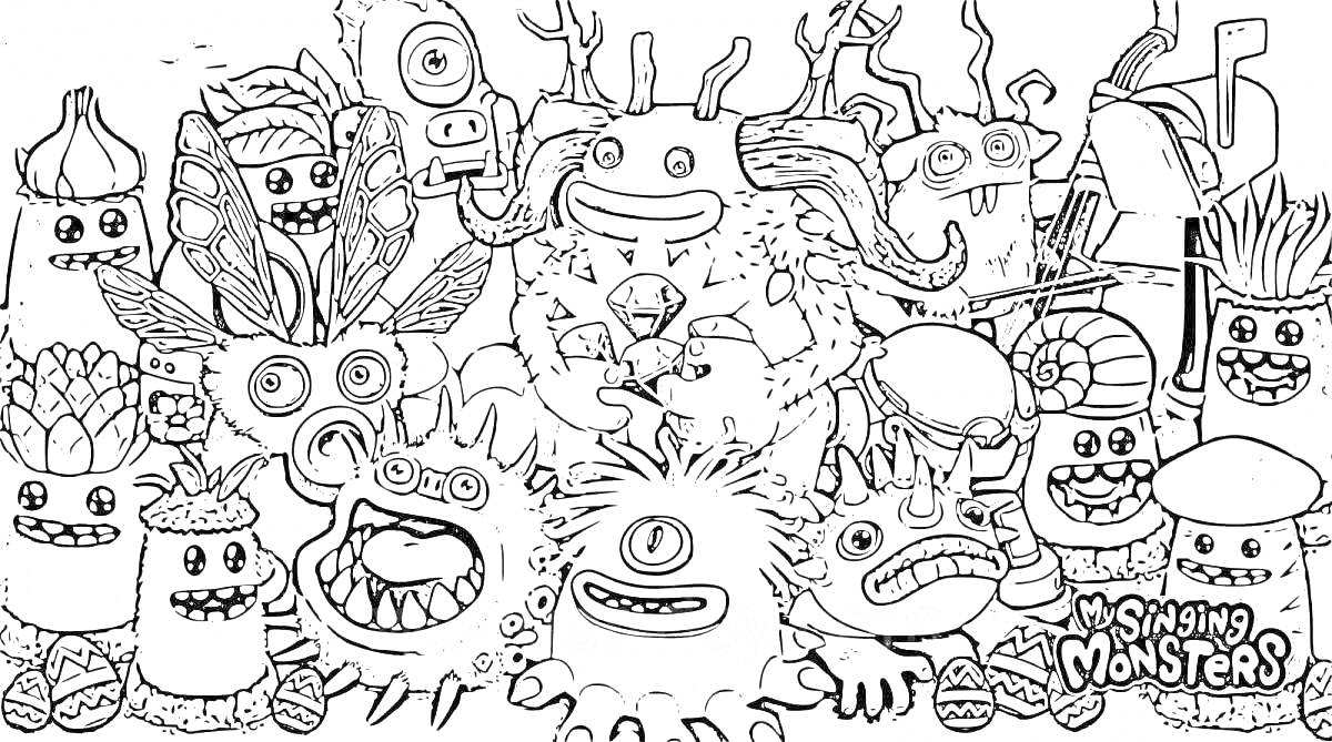 Раскраска Монстры различных видов с разными формами и узорами в стиле 