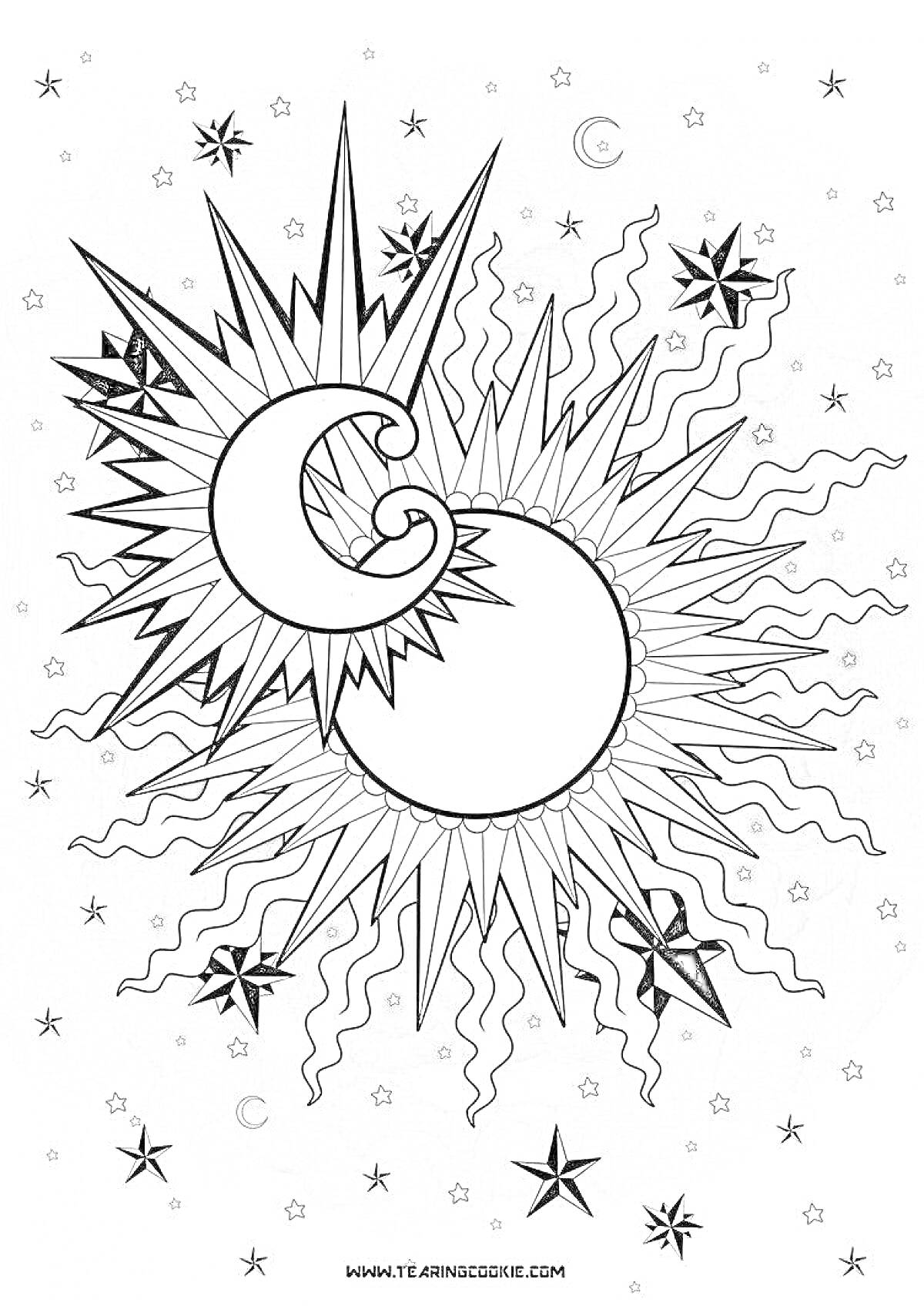 На раскраске изображено: Солнце, Луна, Звезды, Волнистые линии, Буква C, Ночь, День, Астрономия, Космос