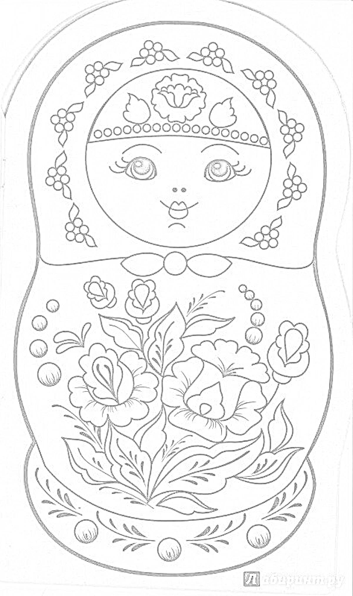 Раскраска Матрешка с городецкой росписью (цветы на юбке и узоры на косынке), элементы: лицо с головным убором, завязанный бант, узоры кустарникового типа на косынке, крупные цветы с листьями на юбке