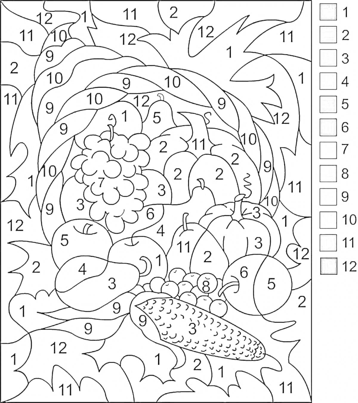 Раскраска Фрукты и кукуруза среди листьев