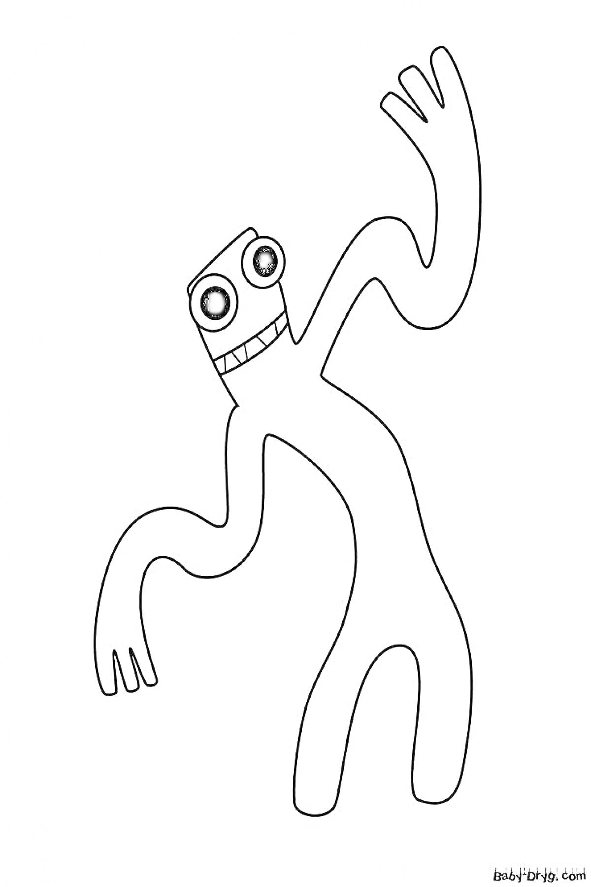 На раскраске изображено: Роблокс, Персонаж, Игра, Большие глаза, Рот с зубами, Длинные руки, Длинные ноги