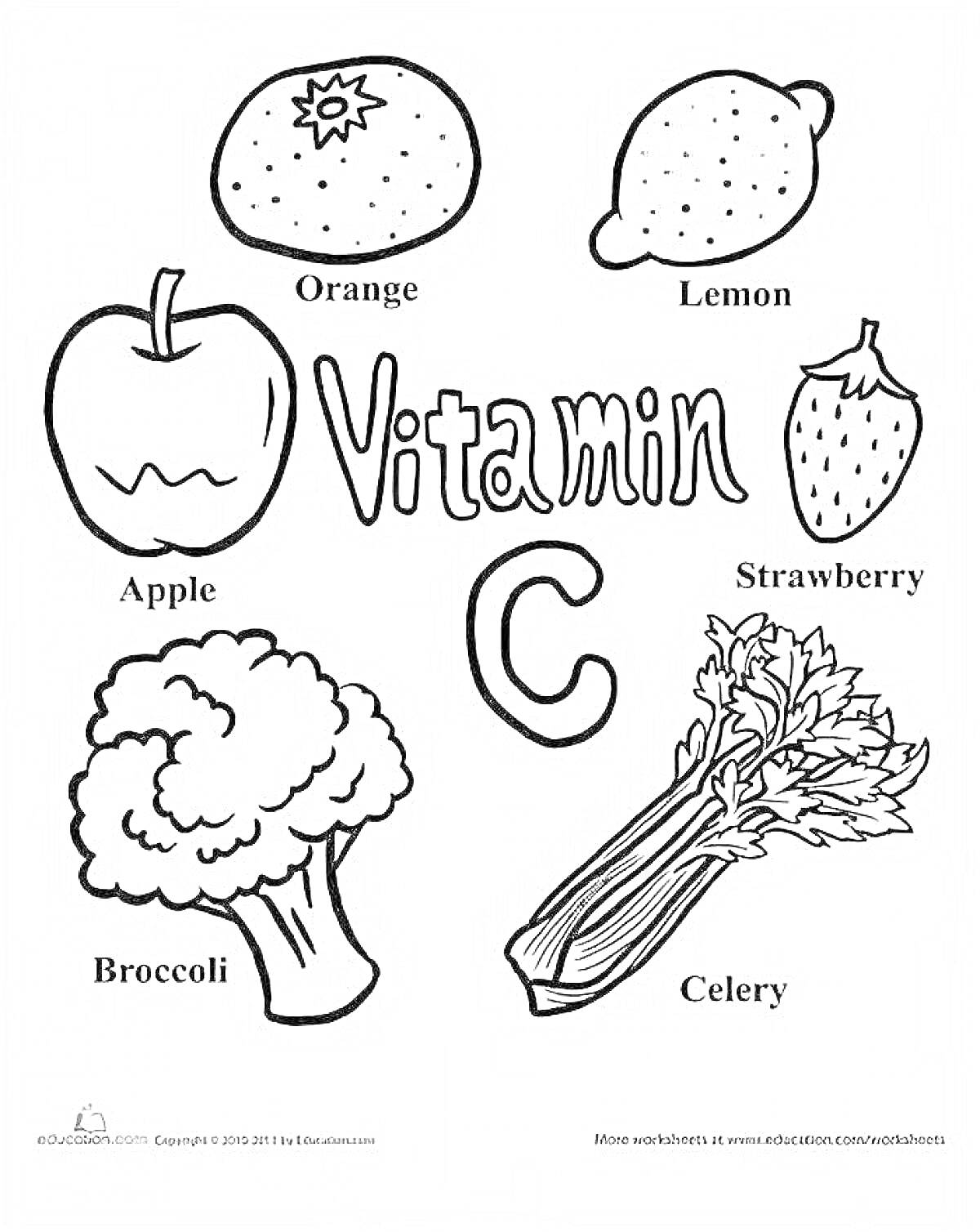 Раскраска Витамин C: апельсин, лимон, яблоко, клубника, брокколи, сельдерей