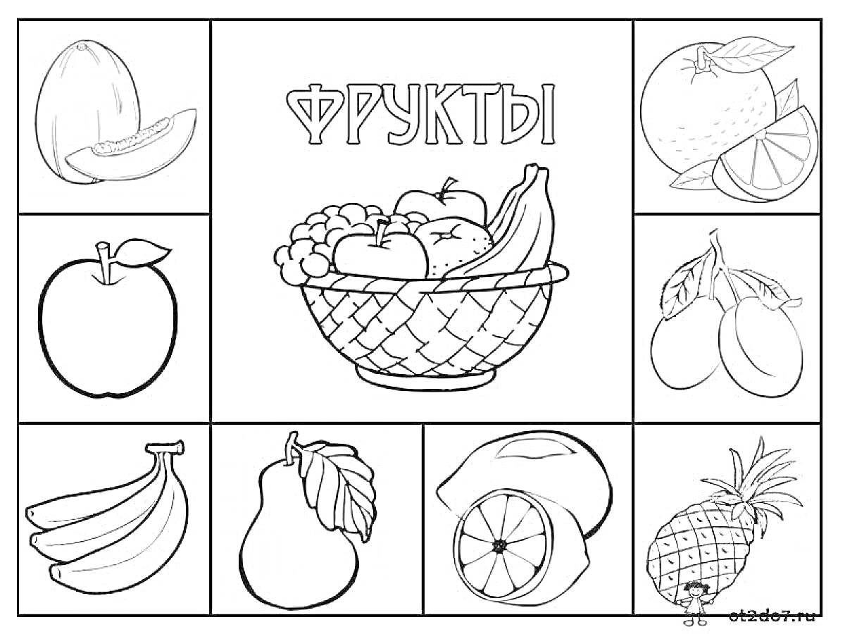 Раскраска Фрукты: арбуз, яблоко, банан, груша, апельсин, ананас, различные фрукты в корзине, апельсин в разрезе, виноград
