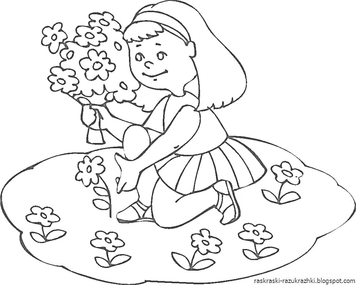 На раскраске изображено: Девочка, Цветы, Клумба, Сад, Детский сад, 5-6 лет