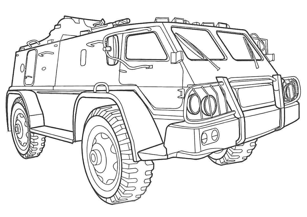 На раскраске изображено: Военный грузовик, Бронированная машина, Колёса, Транспорт, Техника, Оборона, Военная техника