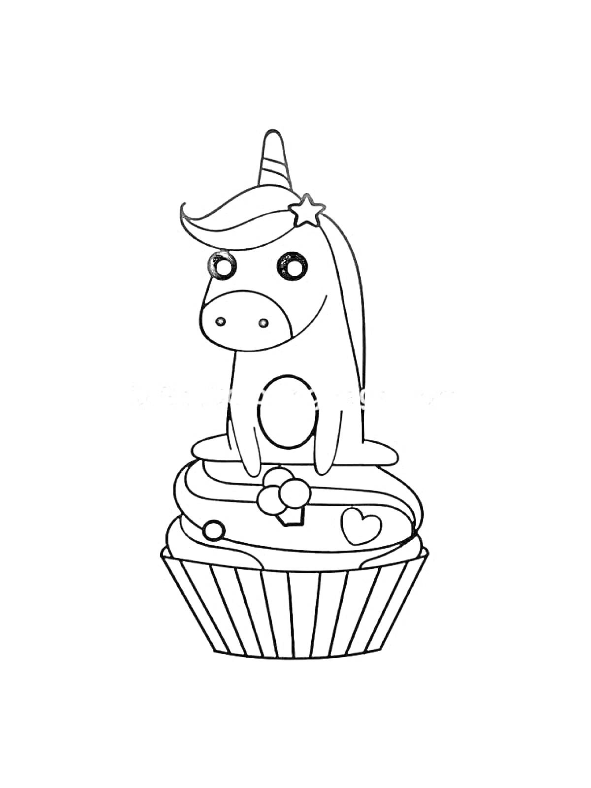 Раскраска Единорог на кексе с сердечком, цветком и бантиком