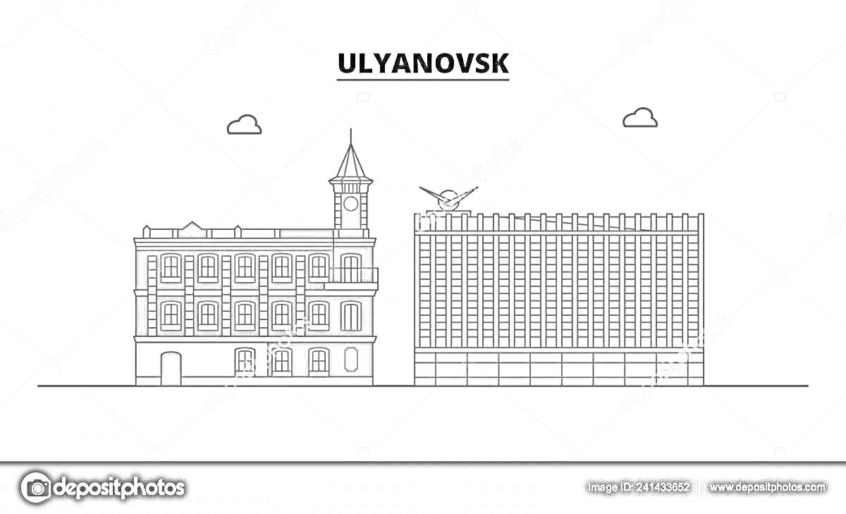 Раскраска Здание с башней, здание с колоннами, облака