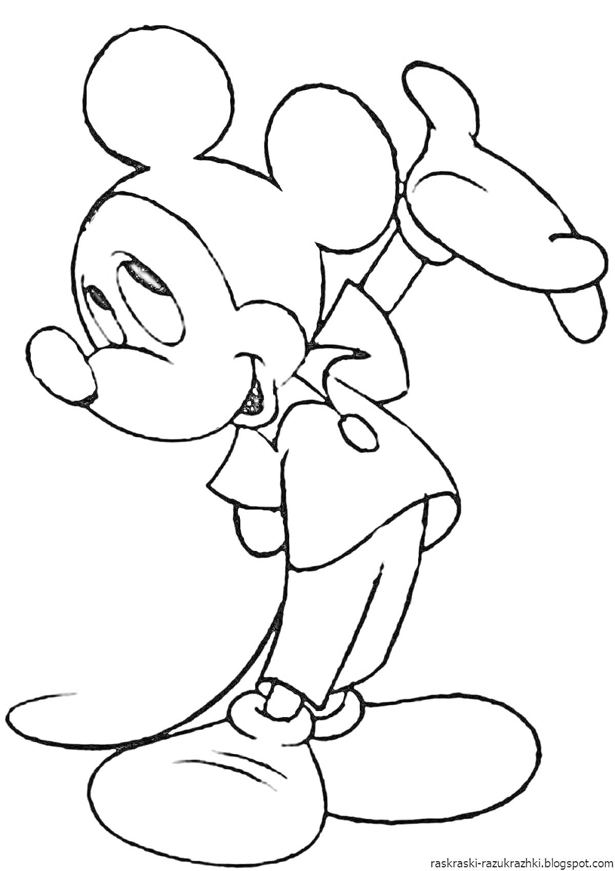Раскраска Микки Маус делает жест рукой, одет в перчатки, шорты и туфли