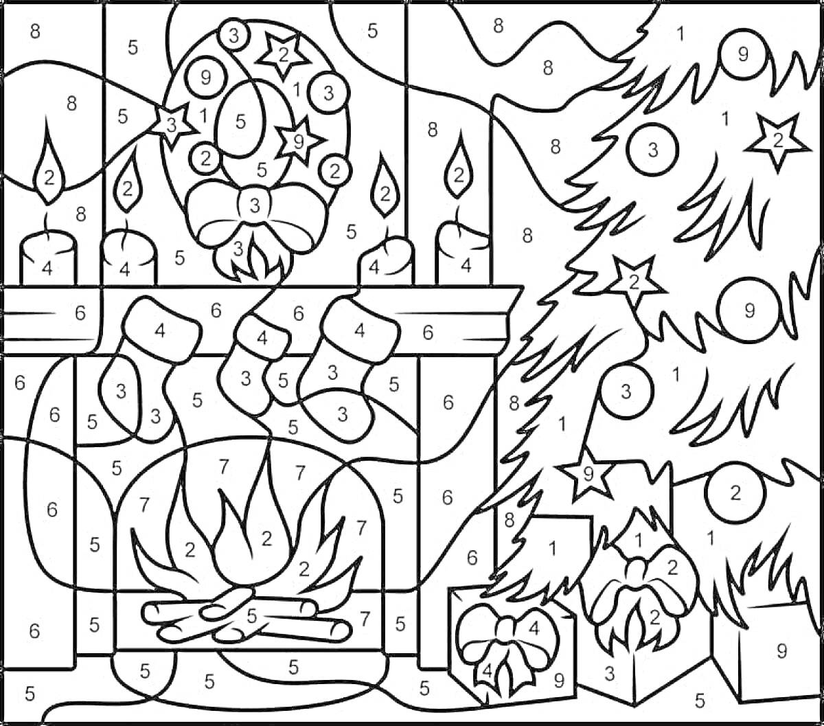 Раскраска камин с праздничными носками, горящим огнем, свечами, новогодними украшениями, ёлкой и подарками