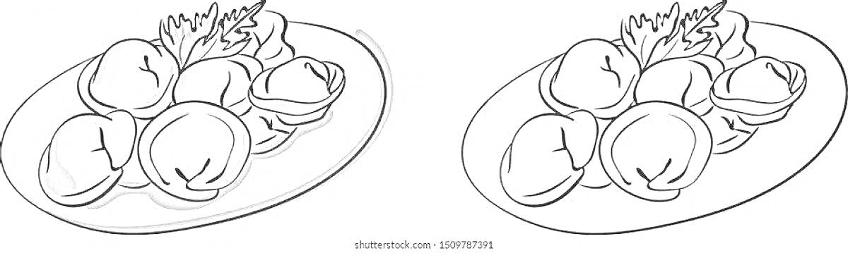 На раскраске изображено: Пельмени, Тарелка, Листья салата, Еда, Блюдо