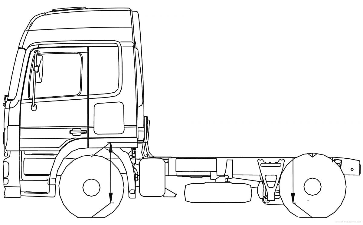 Раскраска Грузовик с кабиной и шасси, вид сбоку