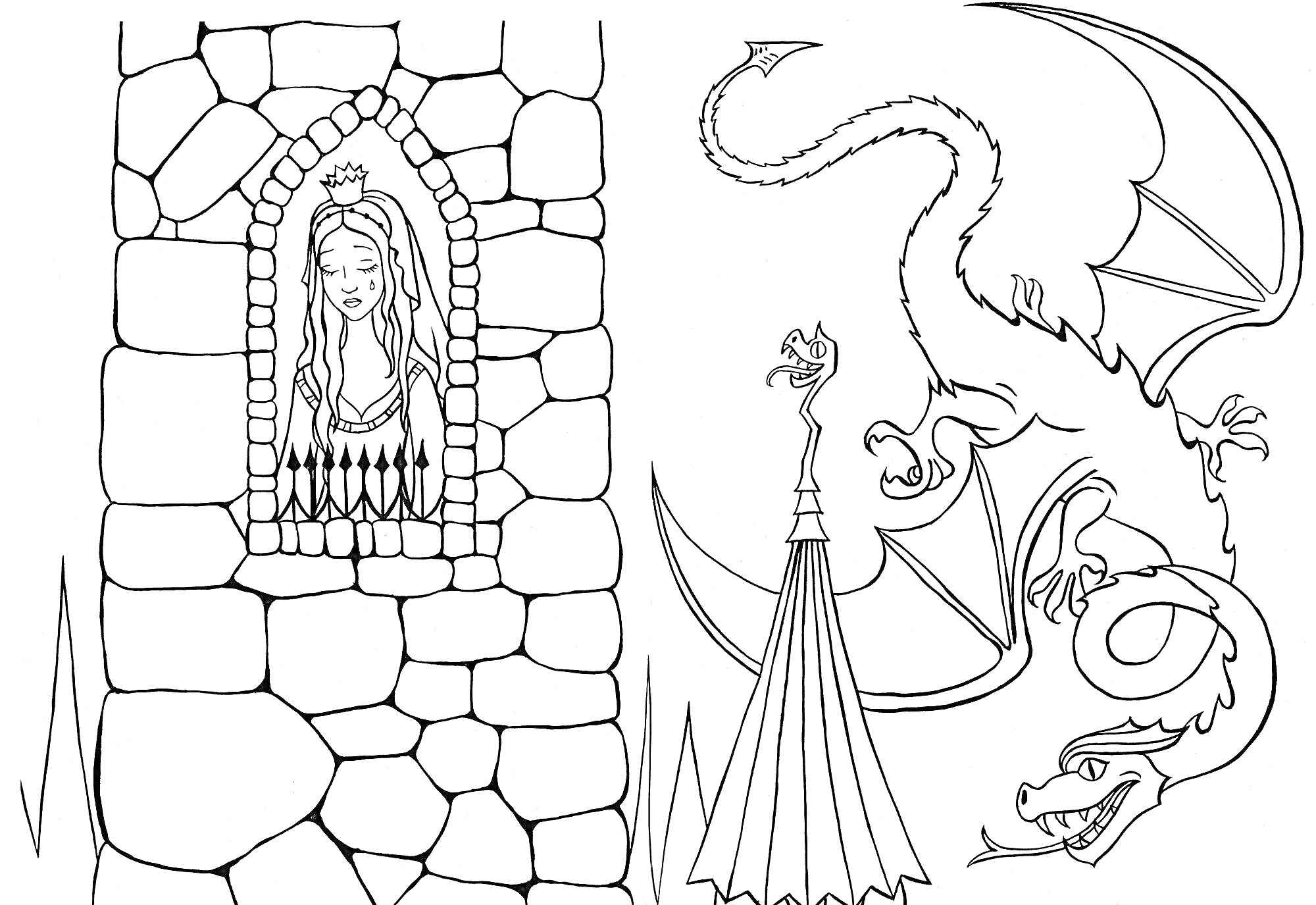 На раскраске изображено: Принцесса, Замок, Меч, Дракон, Фэнтези, Средневековье, Волшебство