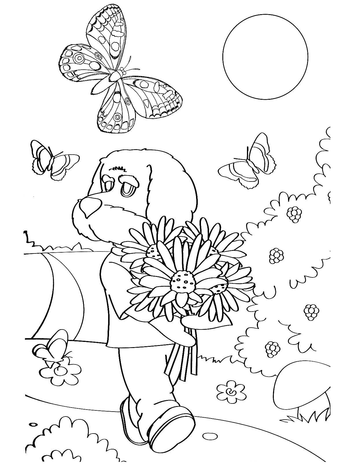 Раскраска Пес с букетом цветов гуляет на природе — бабочки, дорога, деревья, трава, кусты, цветы, солнце