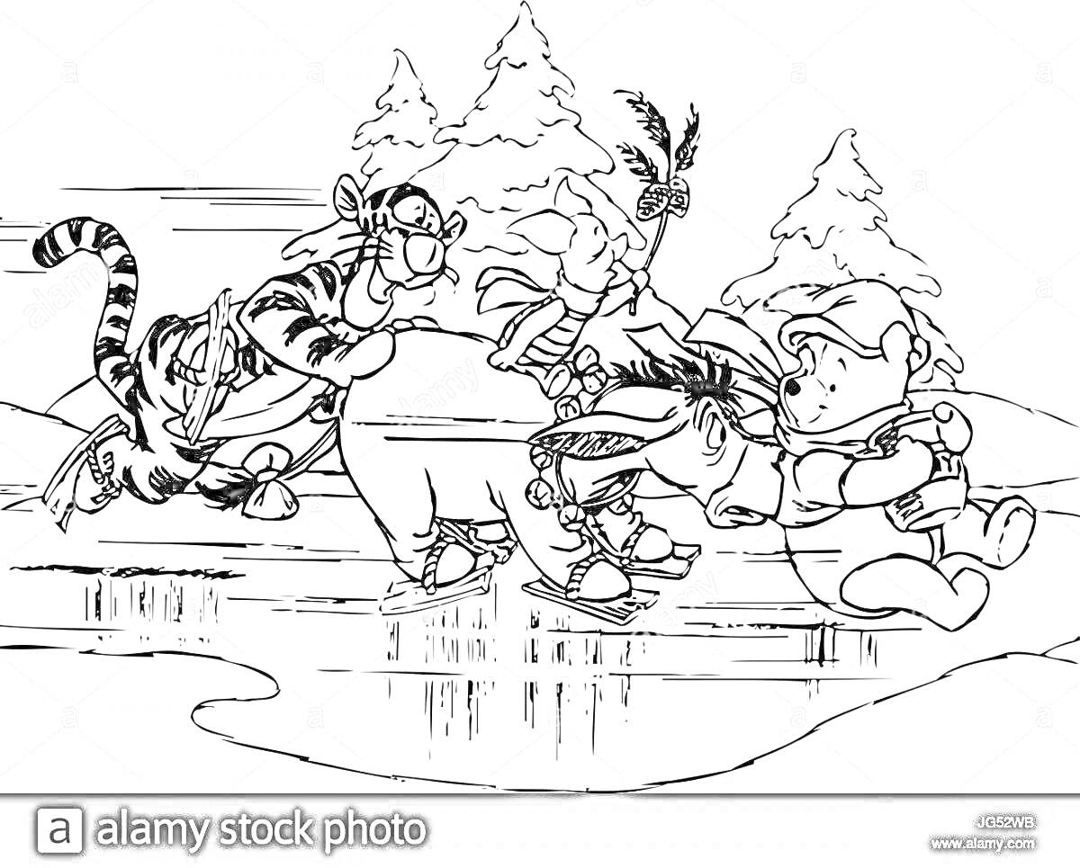 Раскраска Тигр, Винни-Пух, Пятачок и Иа пытаются выбраться на тонкий лед у дерева