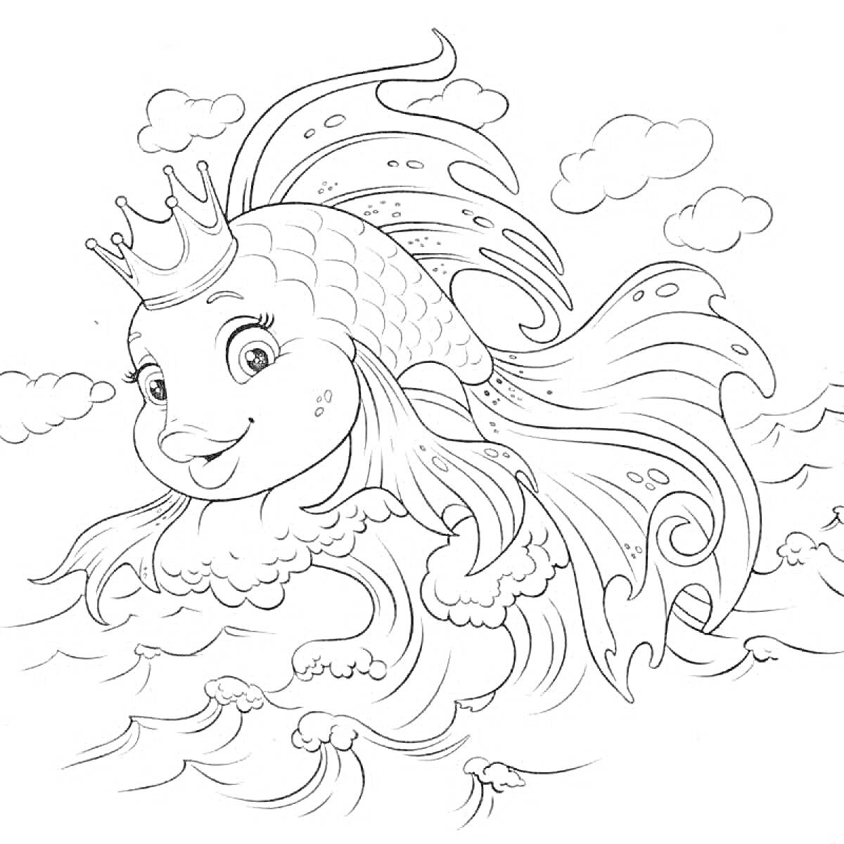 На раскраске изображено: Золотая рыбка, Корона, Волны, Облака, Море