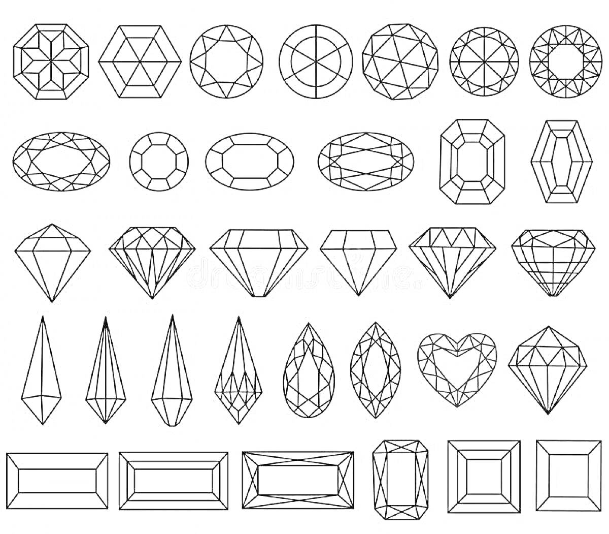 Раскраска разнообразные драгоценные камни, включающие различные формы и огранки, такие как округлые, овальные, прямоугольные, сердцевидные и многоугольные