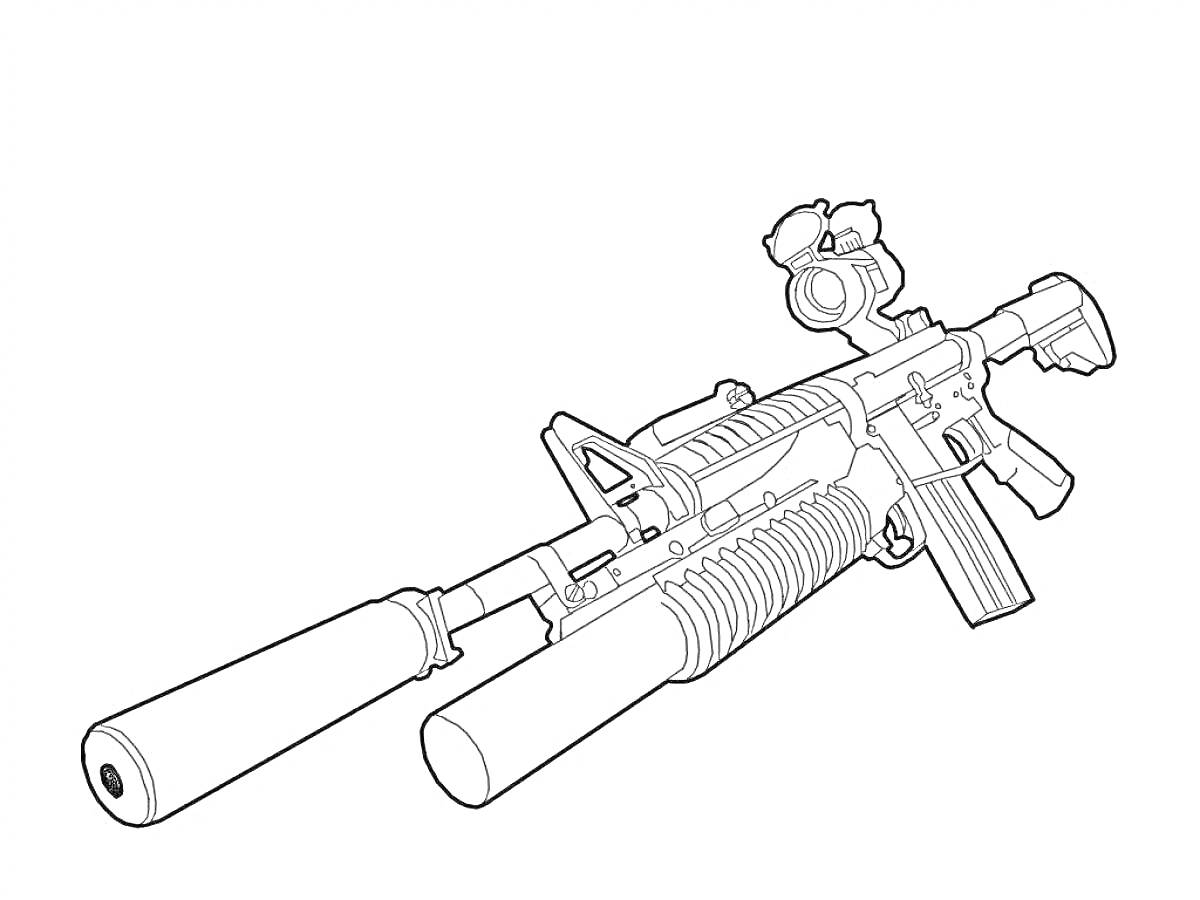 Раскраска Гранатомет с оптическим прицелом и глушителем