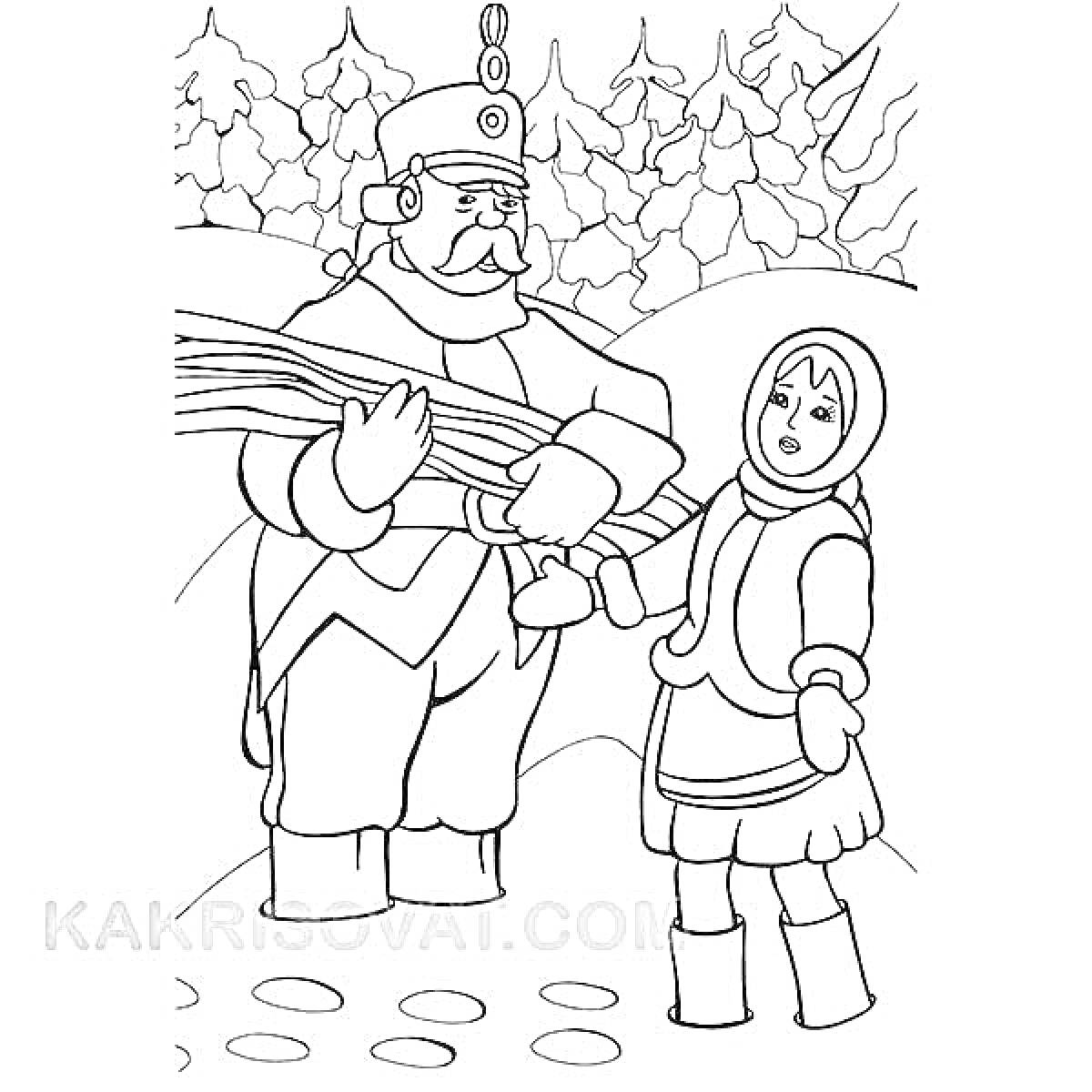 Раскраска Солдат с вязанкой дров и девушка в зимней одежде на фоне зимнего леса