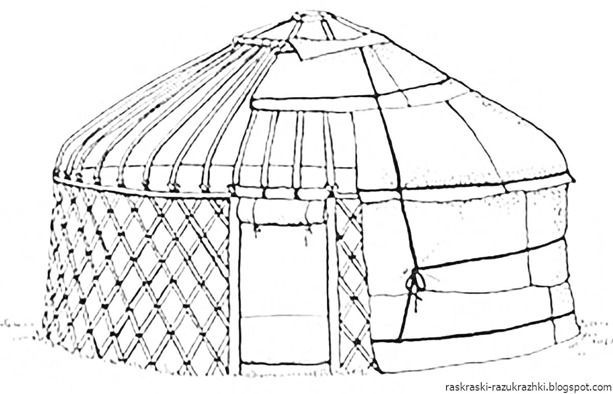 На раскраске изображено: Киіз үй, Юрта, Традиционное жилище, Кочевники, Степь, Вход