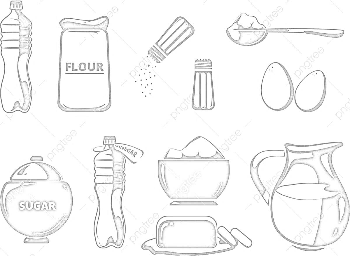 На раскраске изображено: Ингредиенты, Мука, Яйца, Сахар, Соль, Масло, Молоко, Кухня, Кулинария