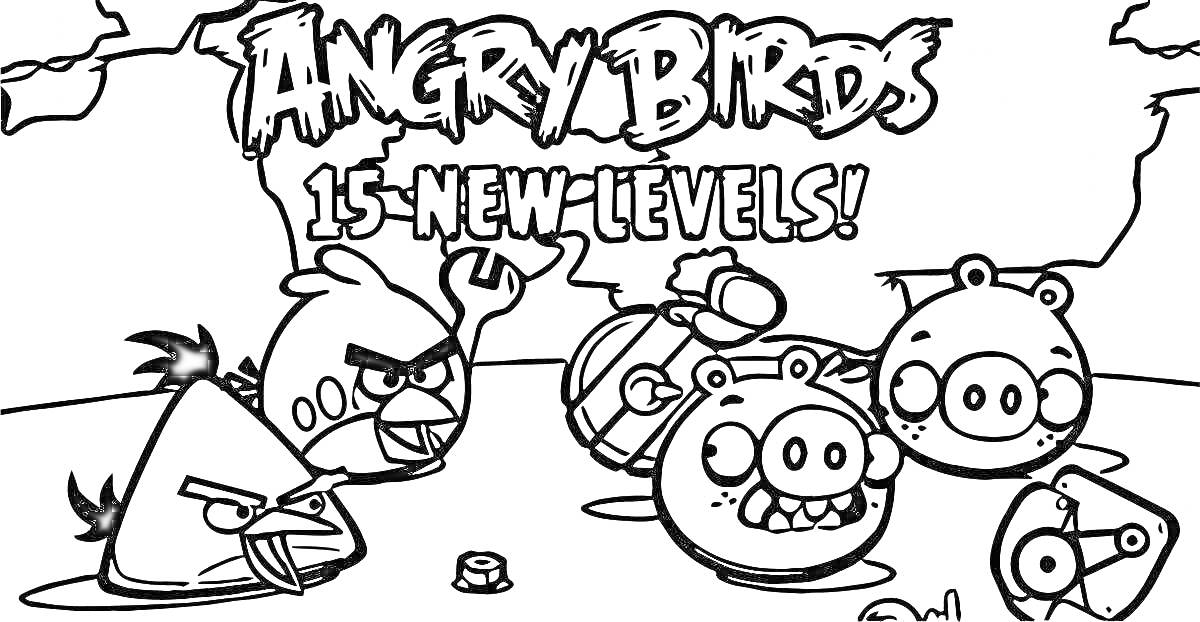Раскраска Angry Birds Seasons - 15 New Levels! Птицы в шлемах, зеленые свиньи, Schriftzug Angry Birds, надпись 