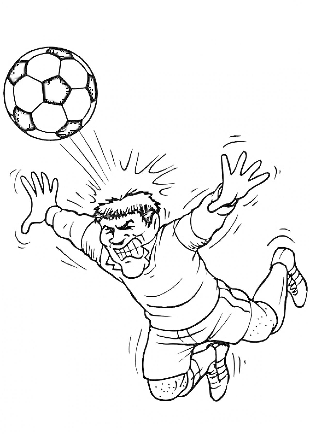 На раскраске изображено: Футбол, Футболист, Спорт, Игровой момент, Мячи, Прыжки