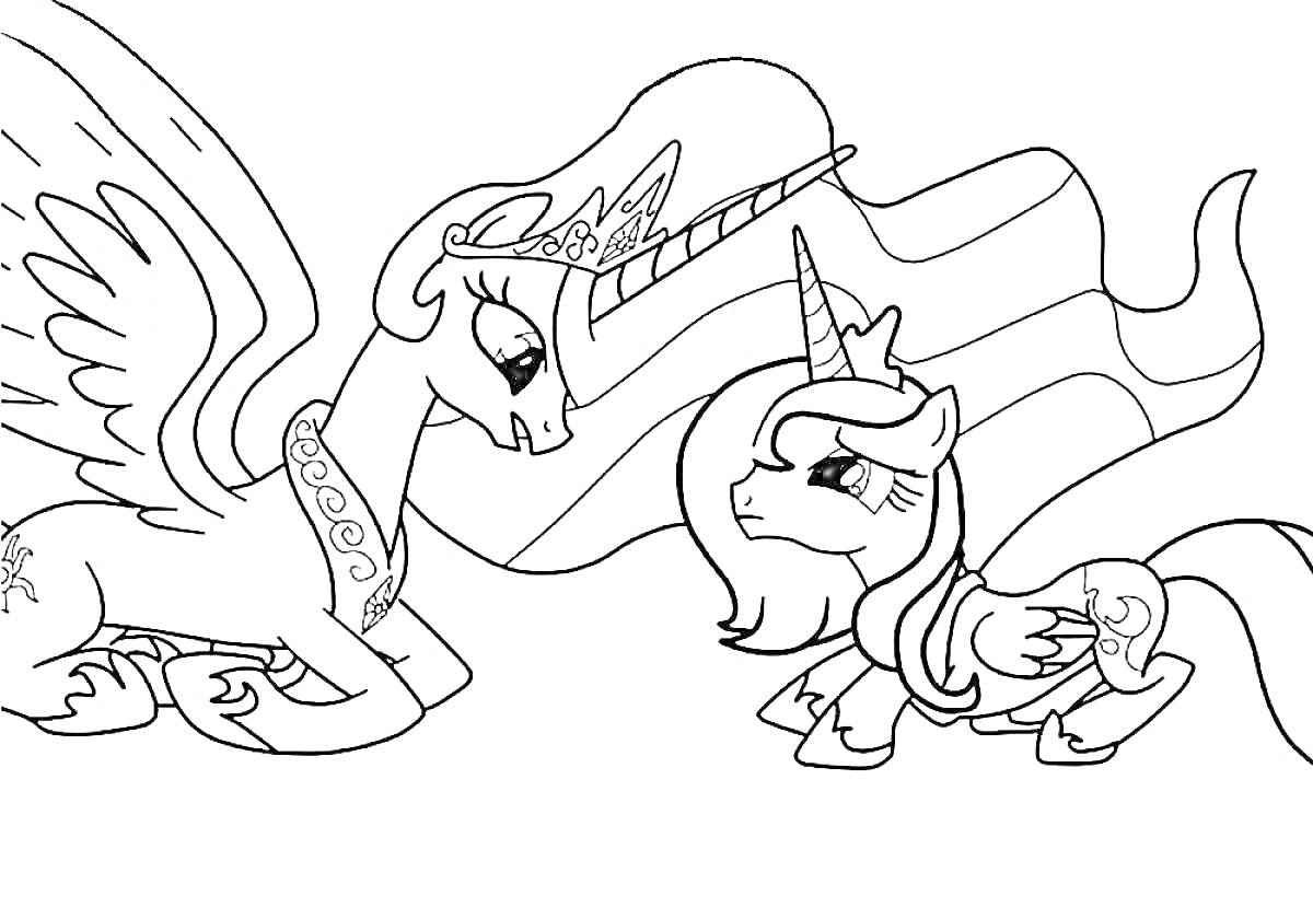 Раскраска Две пони: Селестия и другая пони с рогами и крыльями