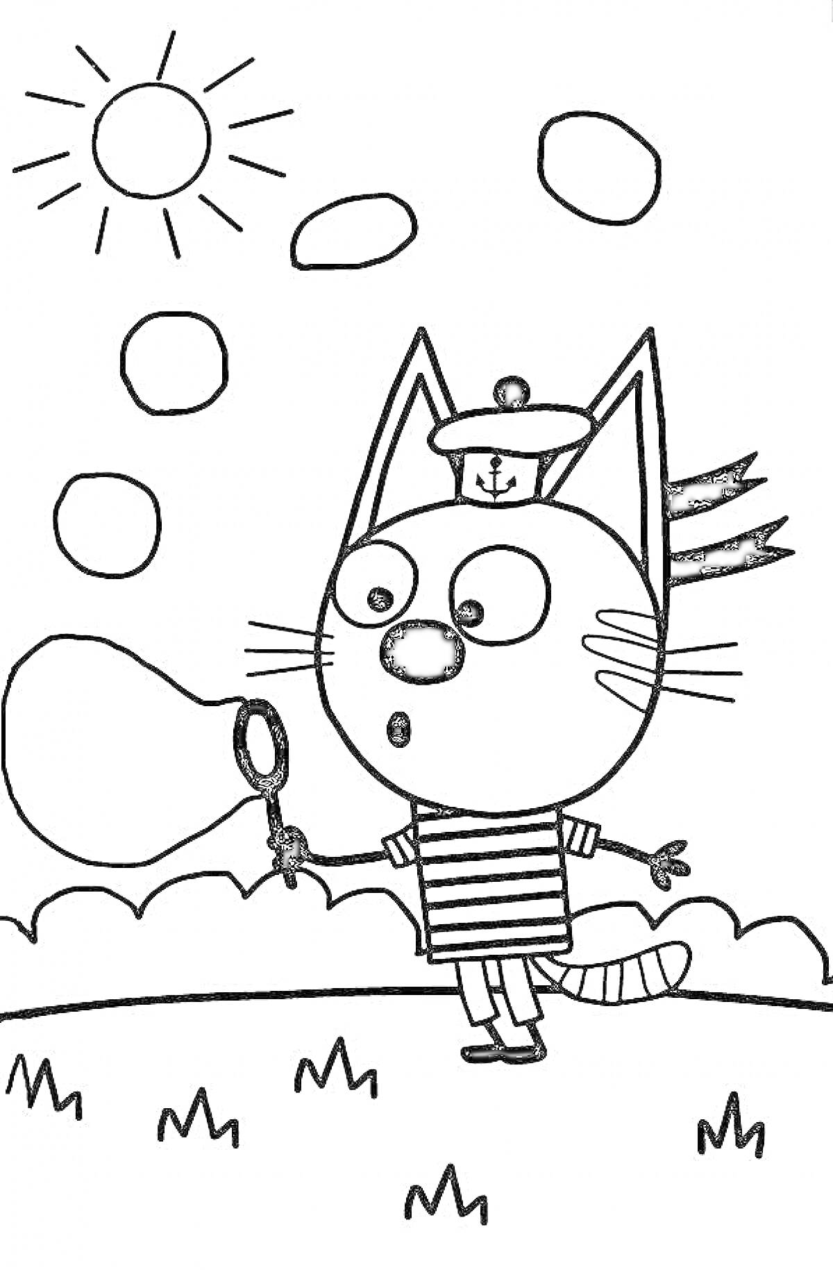 На раскраске изображено: Тельняшка, Мыльные пузыри, Луг, Солнце, Для детей, Три кота, 2-3 года, Кот