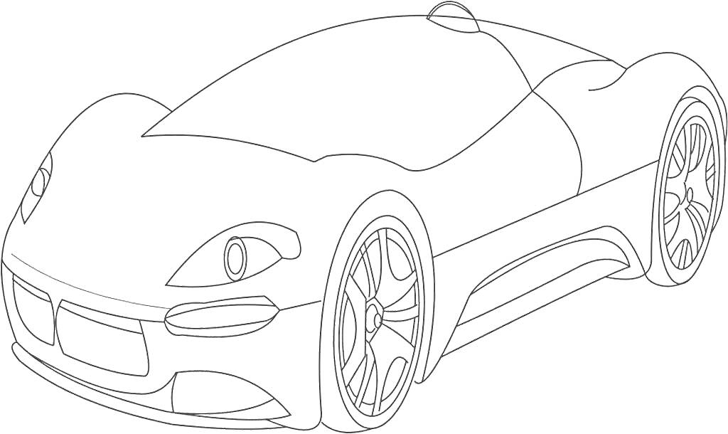 Раскраска Бугатти спортивный автомобиль, вид сбоку с передней частью, стильный дизайн, большие колеса, аэродинамическая форма.