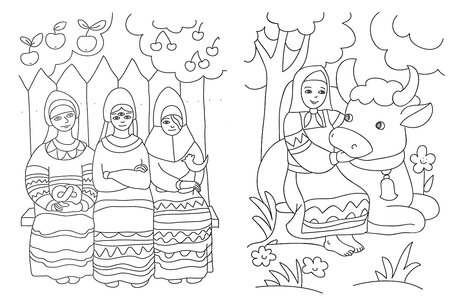 Раскраска Три женщины на скамейке и девушка на корове под деревьями