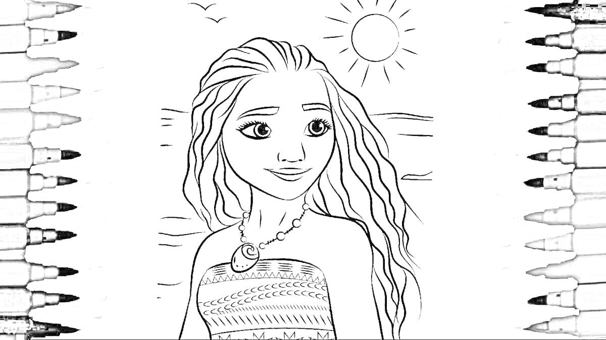 Раскраска Девушка с длинными волосами и ожерельем на природе, солнце и птицы на заднем плане