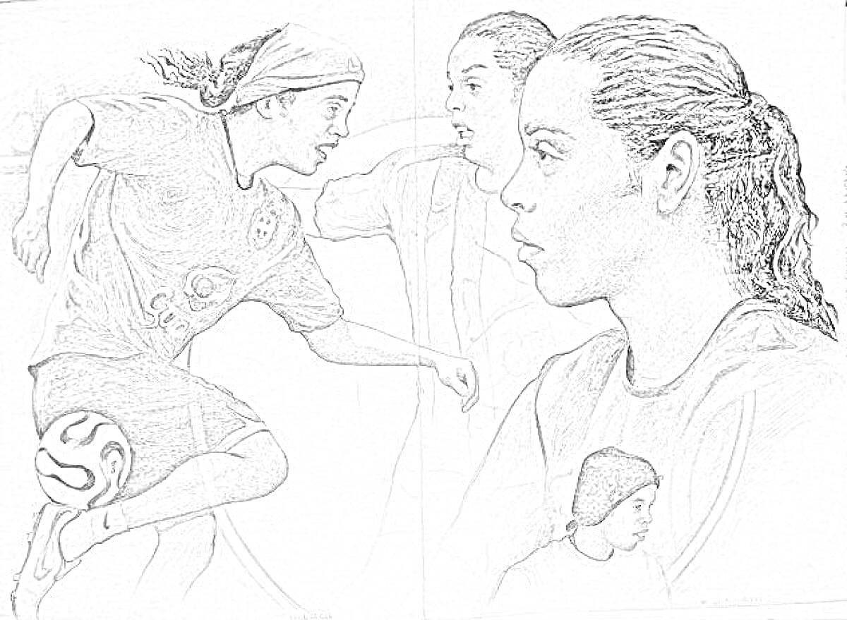 Раскраска футболист исполняет финт с мячом в окружении портретов футболиста с разных ракурсов