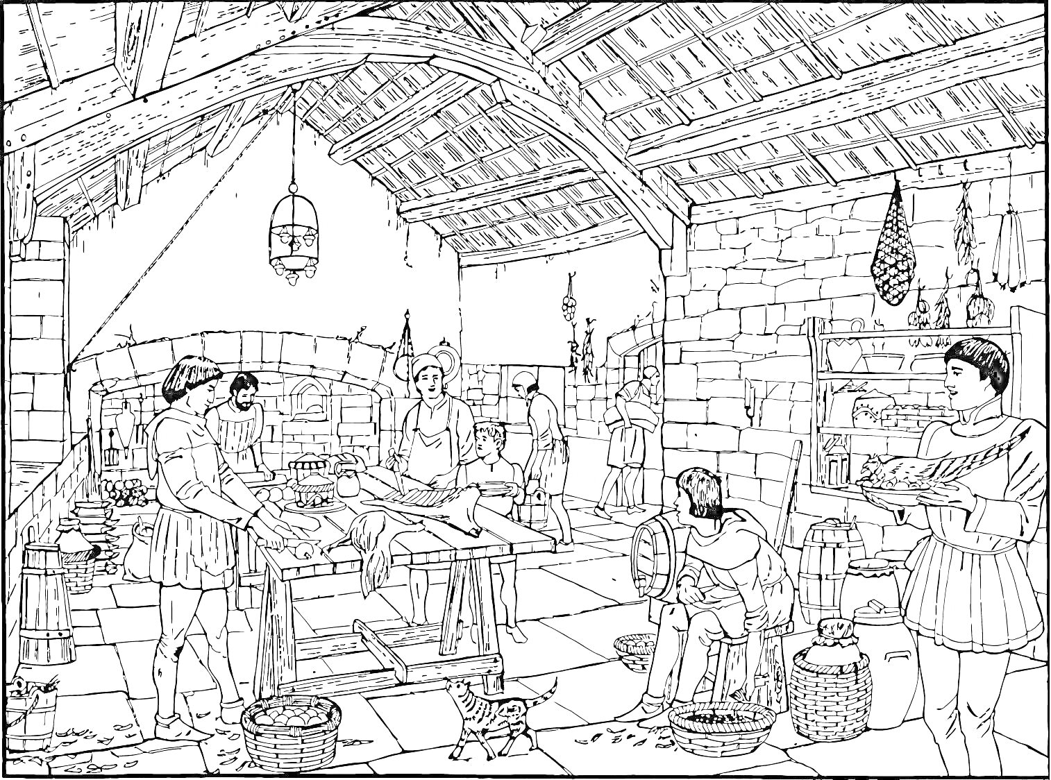 Средневековая мастерская с рабочими, столами, тканями и корзинами