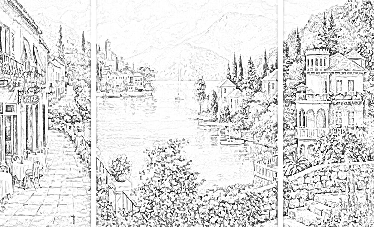 Раскраска Живописный вид на озеро с кафетерием, лодками и горами