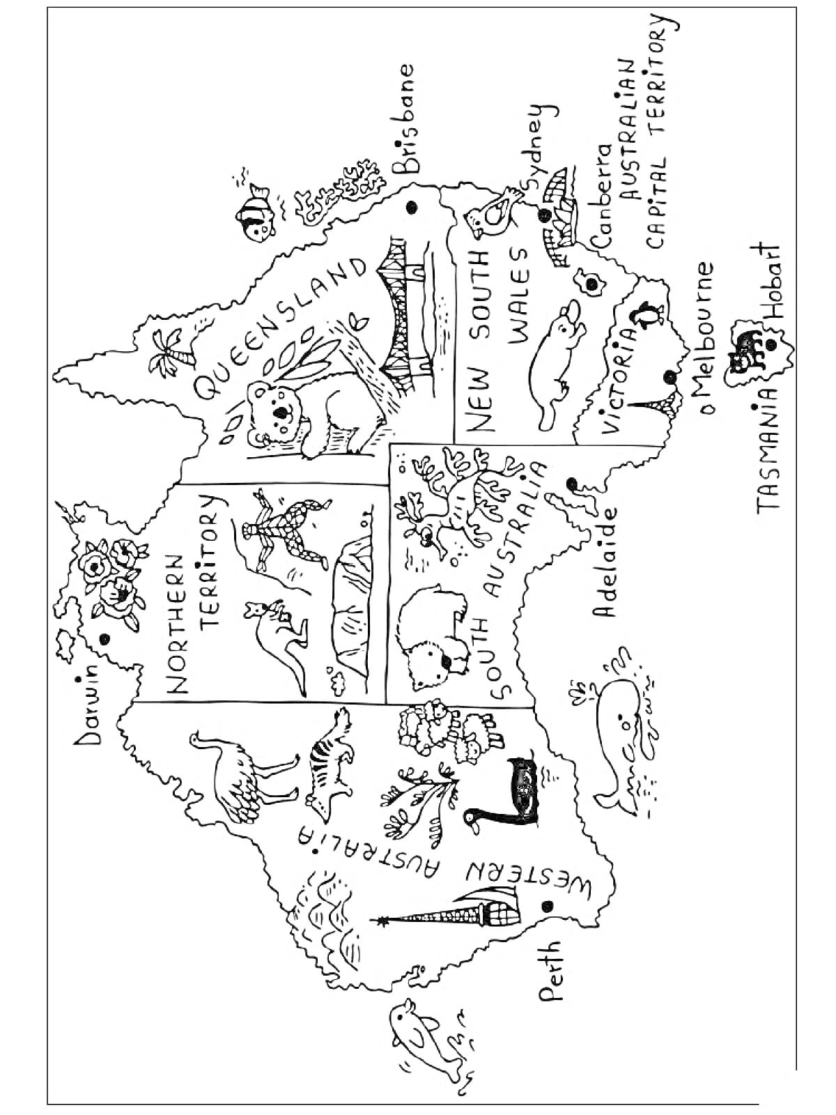 Раскраска Карта Австралии со всеми регионами, животными, растениями, городами и достопримечательностями