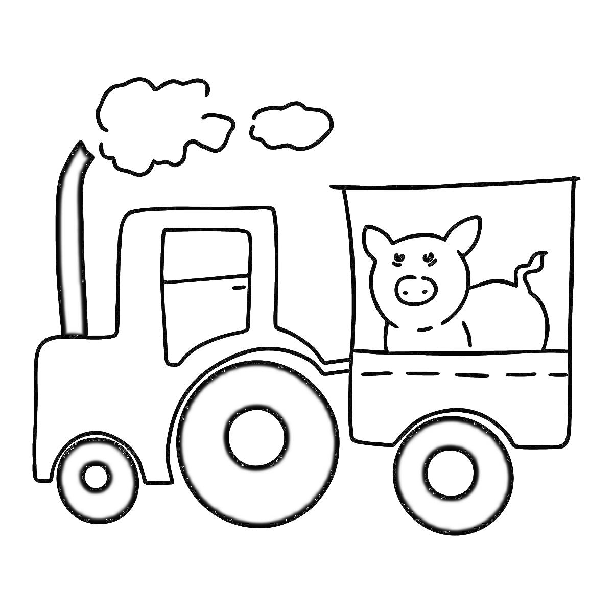 На раскраске изображено: Трактор, Телега, Облака, Ферма, Сельскохозяйственная техника