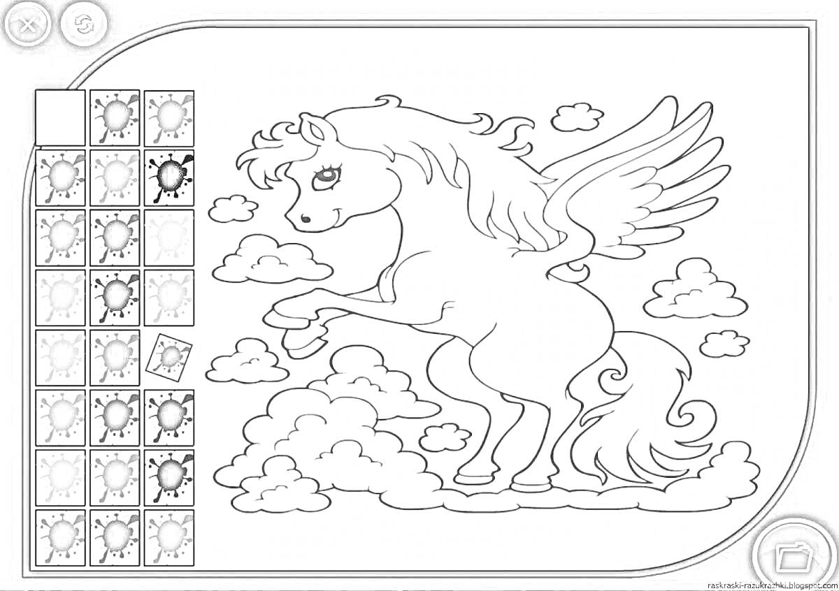 На раскраске изображено: Флеш игра, Игры для девочек, Пегас, Лошадь, Крылья, Облака, Волшебное существо