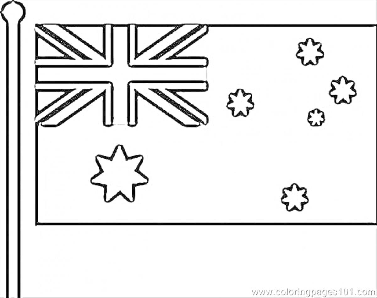 Флаг Австралии с британским флагом в кантоне, семьюконечной звездой Содружества под кантоном и пятью звездами созвездия Южный Крест.