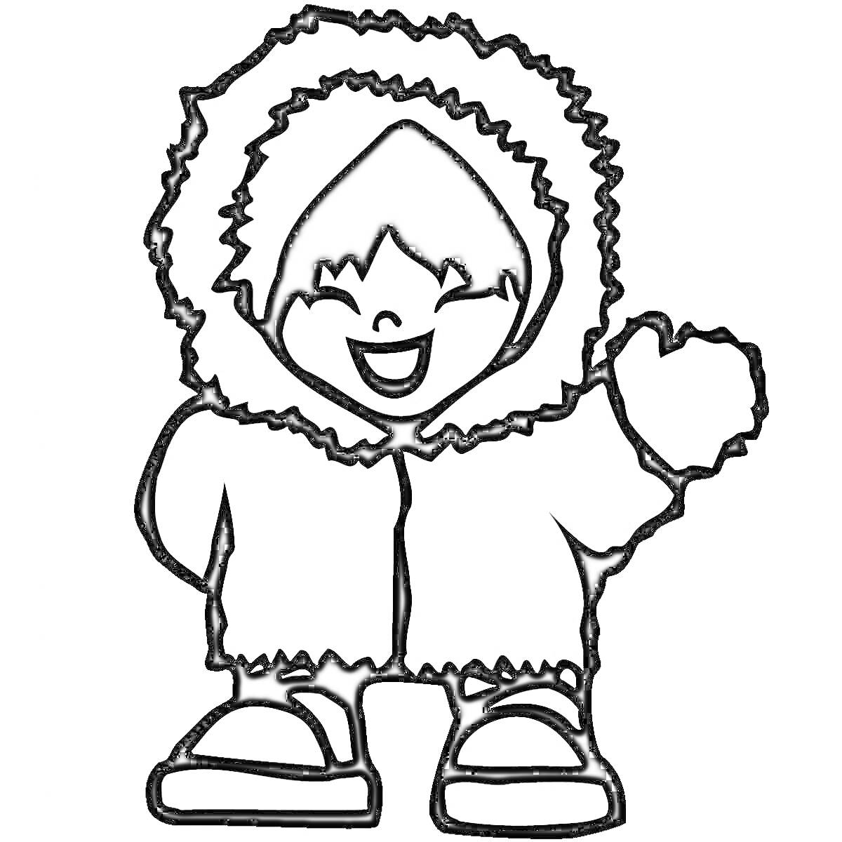 На раскраске изображено: Ребенок, Зимняя одежда, Капюшон, Север, Зима, Сапоги, Костюм, Традиционная одежда, Холод