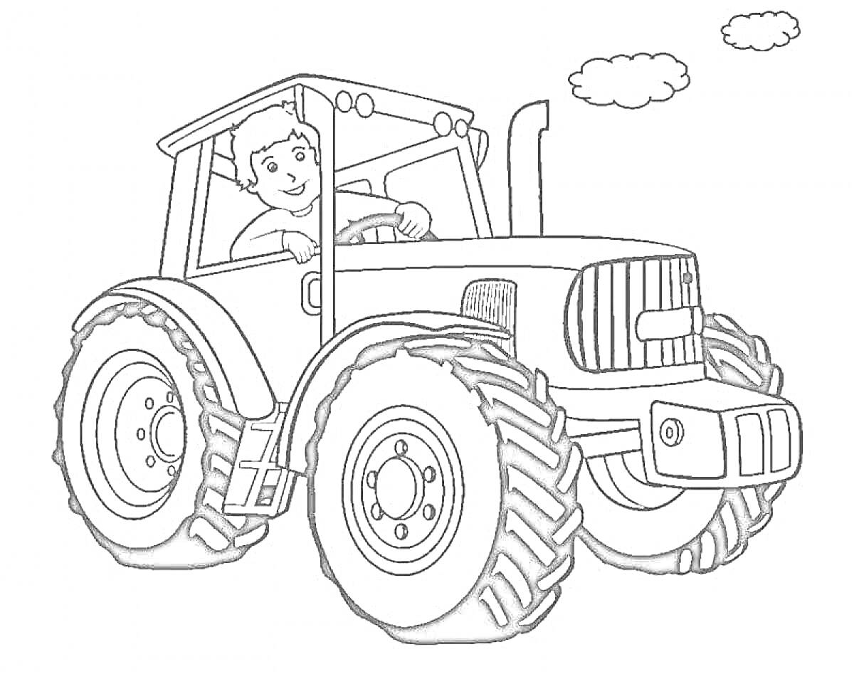 Раскраска Трактор с водителем и облаками