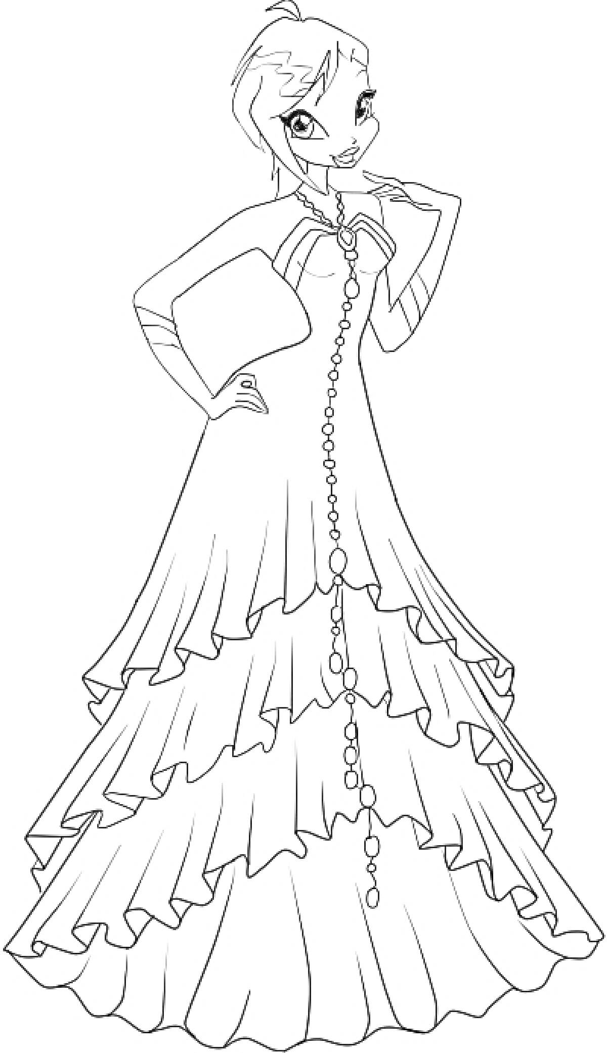 Раскраска Девушка в длинном платье с рюшами и длинными бусами, несущая клатч